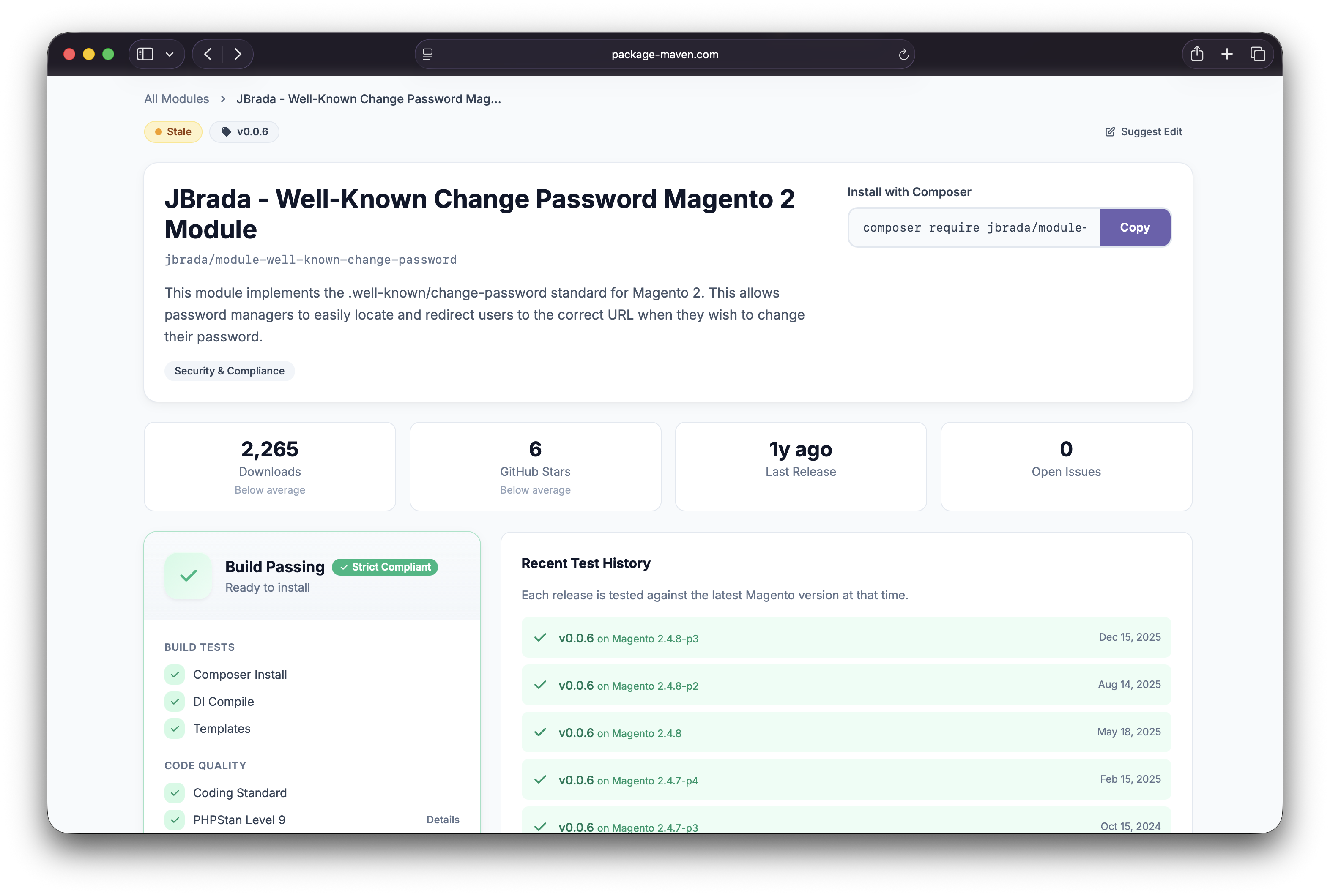 PackageMaven module detail page with compatibility and quality checks